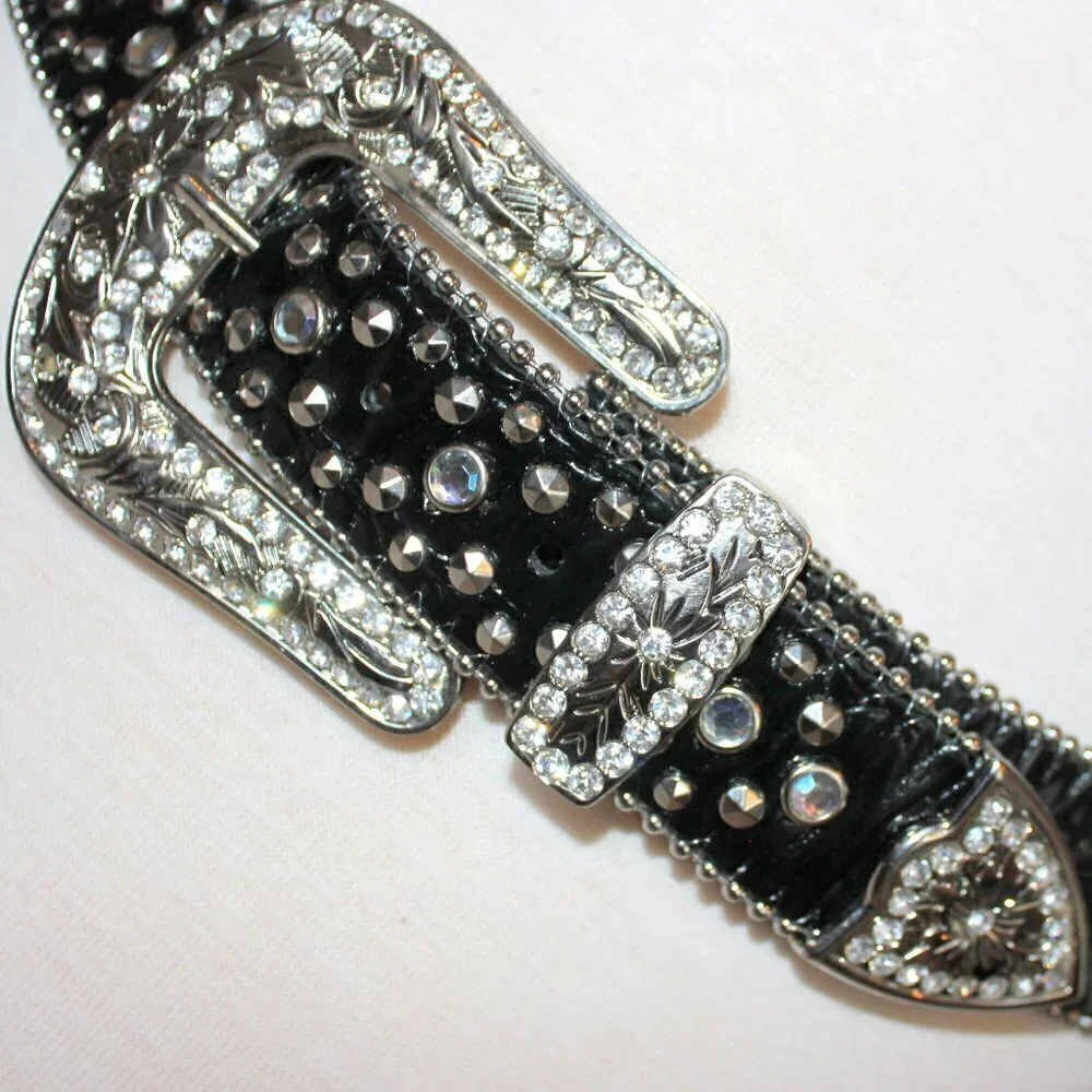Western Black Bling Cross Belt & Buckle Clear Crystal Accent Genuine Leather SM